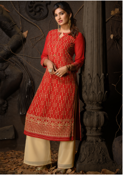 Red Color Designer Georgette Straight Cut Kurti